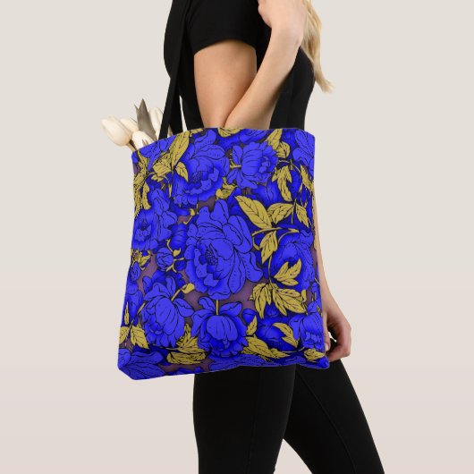 Blue Peonies mit Gold-Blätter Tasche (Von Nahem)