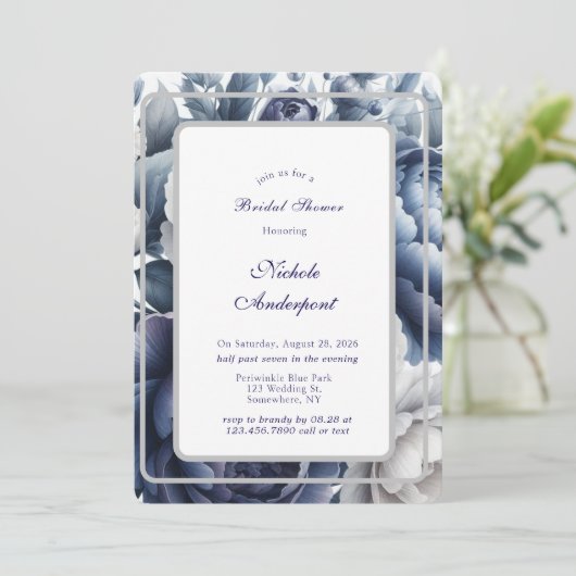 Blue Peonies & White Roses Brautparty Einladung (Stehend Vorderseite)