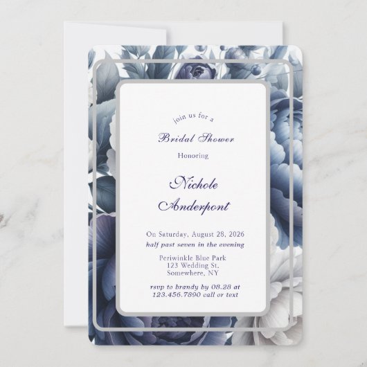 Blue Peonies & White Roses Brautparty Einladung (Vorderseite)