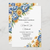 Blue Peony and Yellow Daisies Bridesmaids Luncheon Einladung (Vorne/Hinten)