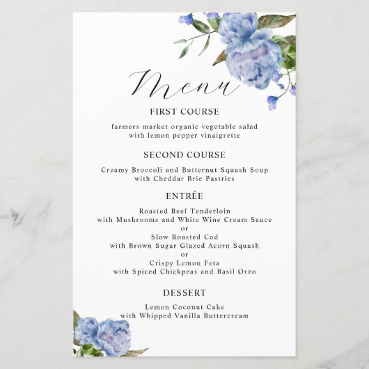 Blue Peony Blume Wedding Dinner Menu (Vorderseite)