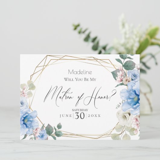 Blue Peony Blume werden Sie meine Ehrenmatrone sei Einladung (Stehend Vorderseite)