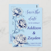 Blue Peony Chinoiserie Save the Date Cards Postkarte (Vorne/Hinten)