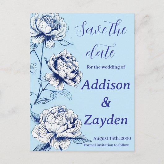 Blue Peony Chinoiserie Save the Date Cards Postkarte (Vorderseite)