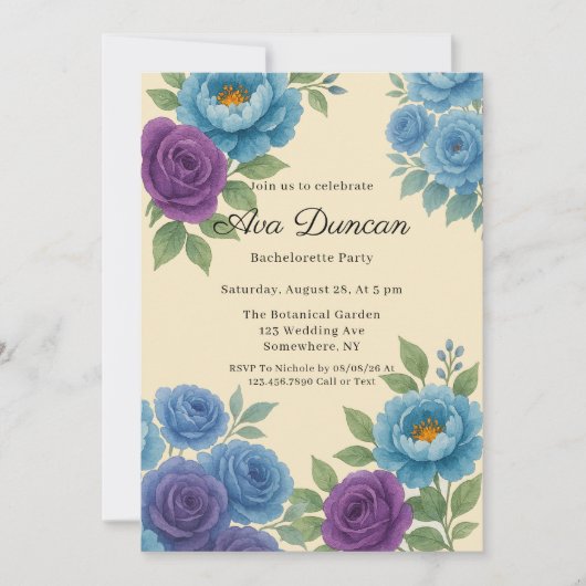 Blue Peony & Fig Lila Rose Junggeselinnen-Abschied Einladung (Vorderseite)