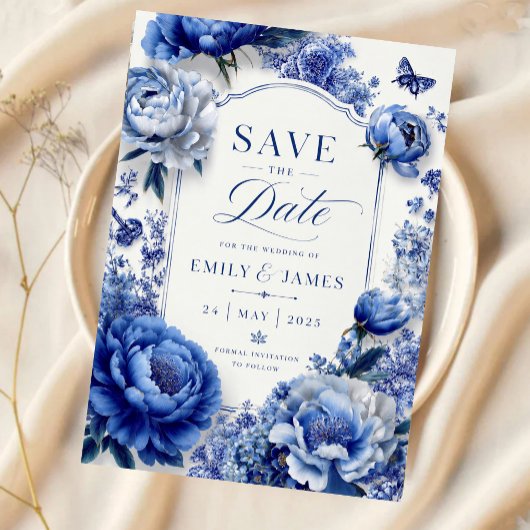 Blue Peony Floral Save The Date