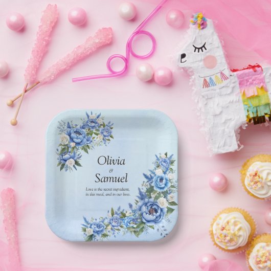 Blue Peony on Blue 7" Square Pappteller (Party)