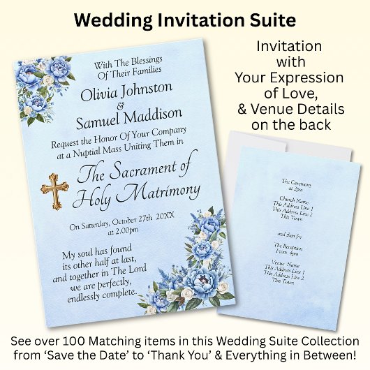 Blue Peony on Blue Wedding Suite Einladung