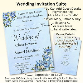 Blue Peony on Blue Wedding Suite Einladung