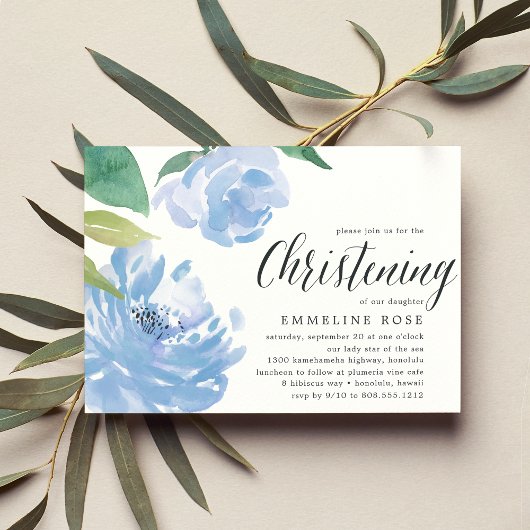 Blue Peony | Watercolor Floral Christening Einladung