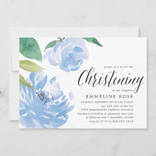 Blue Peony | Watercolor Floral Christening Einladung (Vorderseite)