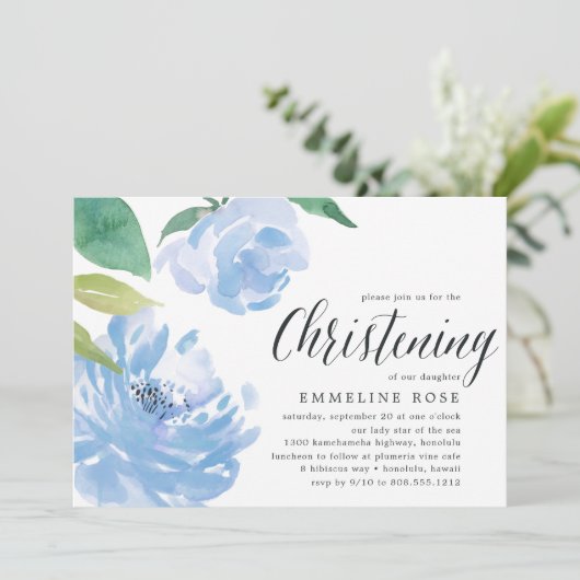 Blue Peony | Watercolor Floral Christening Einladung (Stehend Vorderseite)