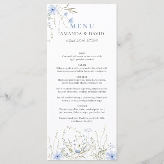 Blue Periwinkle Wildblume Wedding Flat Menu Menükarte (Vorderseite)