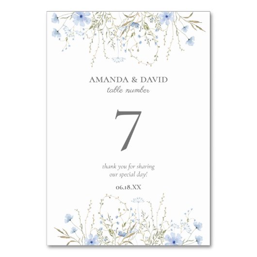 Blue Periwinkle Wildblume Wedding Tischnummer (Vorderseite)