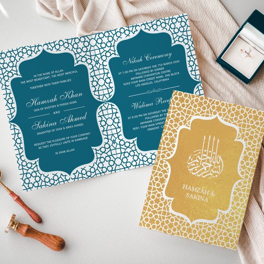Blue Persian Gold Foil Muslim Wedding Einladung