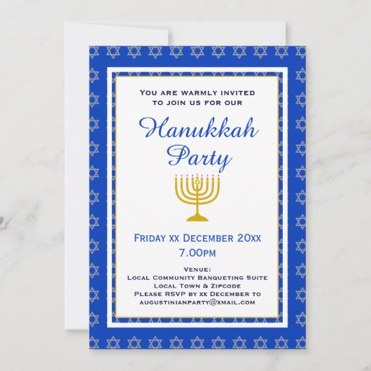 Blue Personalisiert Menorah HANUKKAH Party Einladung (Vorderseite)