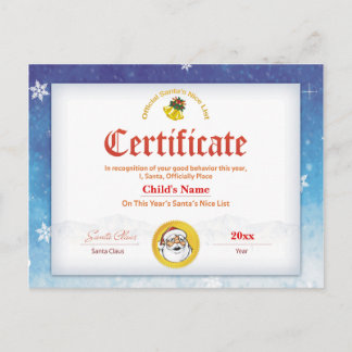 Blue Personalisiert Santa's Nice List Certificate Postkarte