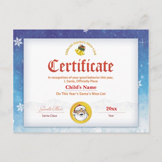 Blue Personalisiert Santa's Nice List Certificate Postkarte (Vorderseite)