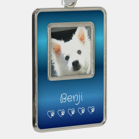 Blue Pet Photo Ornament - Vertical, Personalized Rahmen-Ornament Silber (Rechts)