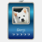 Blue Pet Photo Ornament - Vertical, Personalized Rahmen-Ornament Silber (Vorderseite)