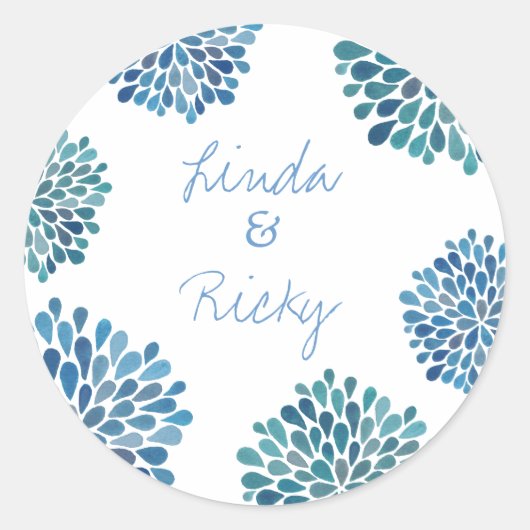 Blue Petal Bloom Burst Wedding Round Sticker Siege (Vorderseite)