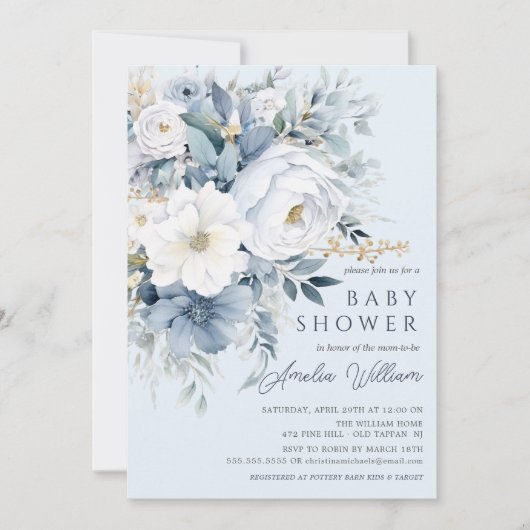 Blue Petal Boys Baby Dusche Einladung (Vorderseite)