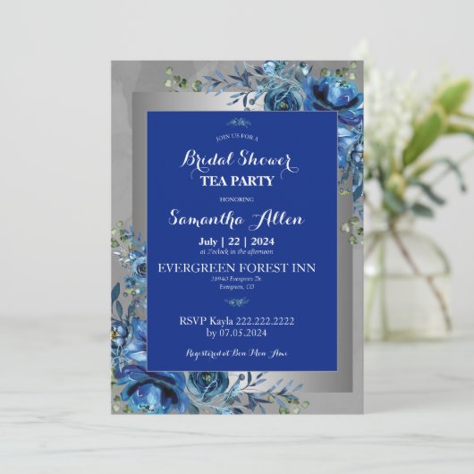 Blue Petals of Liebe: Treten Sie uns für ein Braut Einladung (Stehend Vorderseite)