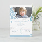 Blue Petals Photo Einladung (Stehend Vorderseite)