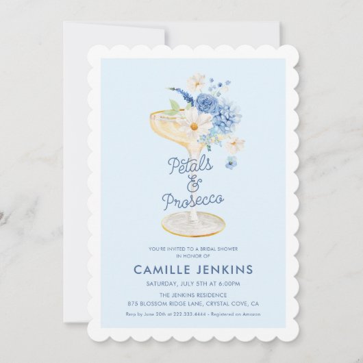 Blue Petals und Prosecco Bridal Einladung (Vorderseite)
