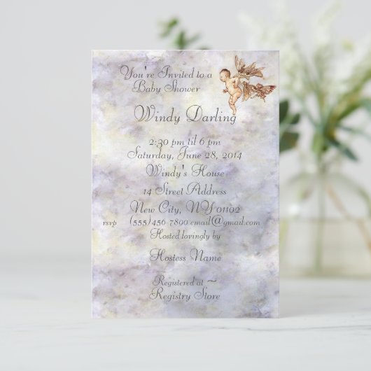 Blue Peter Pan Baby Flies mit Fairies Shower Invi Save The Date (Stehend Vorderseite)