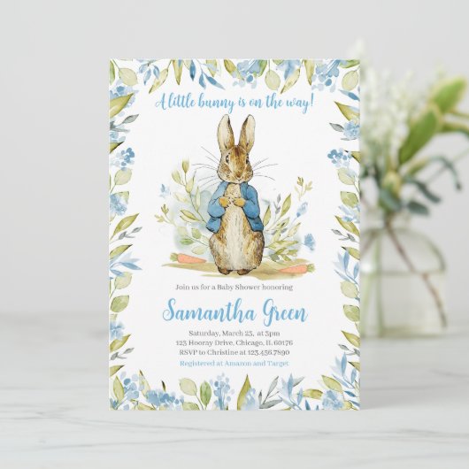 Blue Peter Rabbit Baby Dusche Einladung (Stehend Vorderseite)