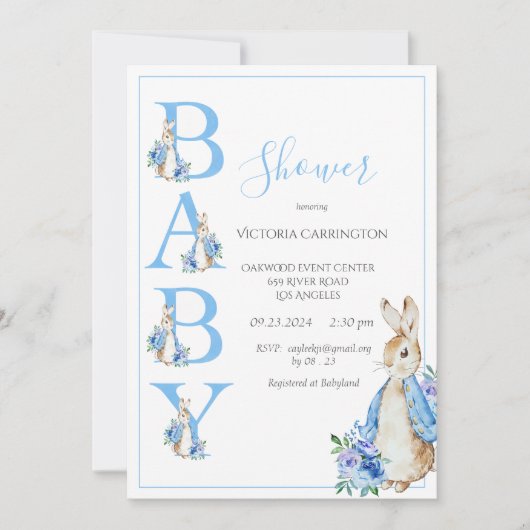 Blue Peter Rabbit mit Blume Kinderdusche Einladung (Vorderseite)