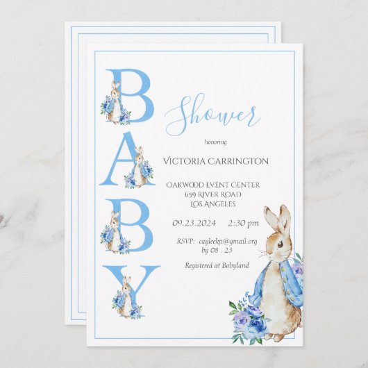 Blue Peter Rabbit mit Blume Kinderdusche Einladung (Vorne/Hinten)