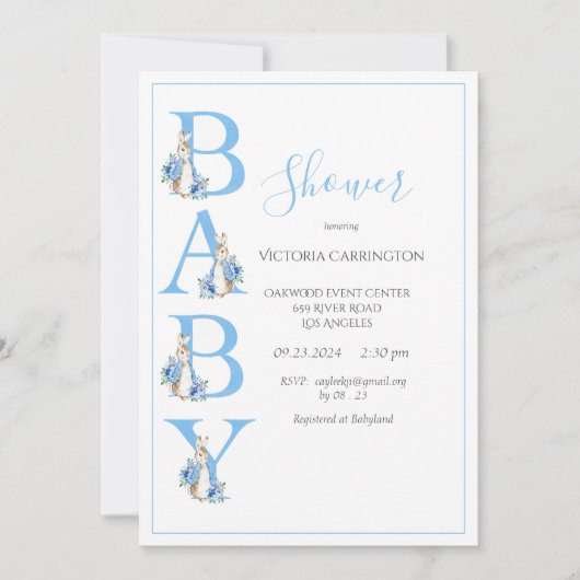 Blue Peter Rabbit Typografie Baby Shower Einladung (Vorderseite)