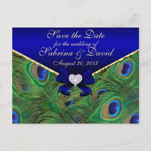 BLUE Pfau Save the Date Postkarte Blau (Vorderseite)