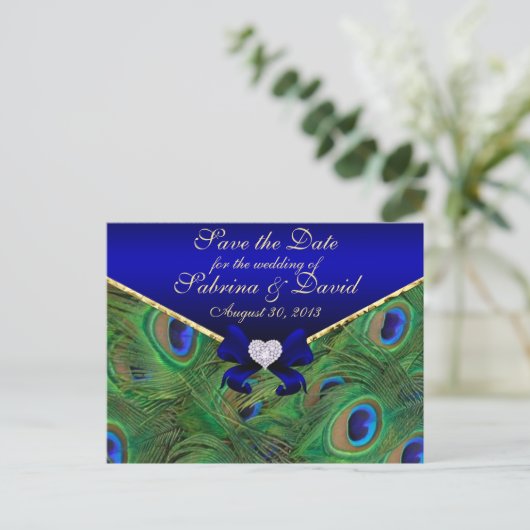 BLUE Pfau Save the Date Postkarte Blau (Stehend Vorderseite)