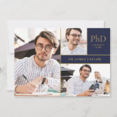 Blue PhD Grad 3 Foto Graduation Party Einladung (Vorderseite)