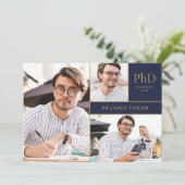 Blue PhD Grad 3 Foto Graduation Party Einladung (Stehend Vorderseite)
