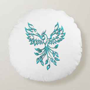 Blue Phoenix Erhöhungen auf Weiß Rundes Kissen