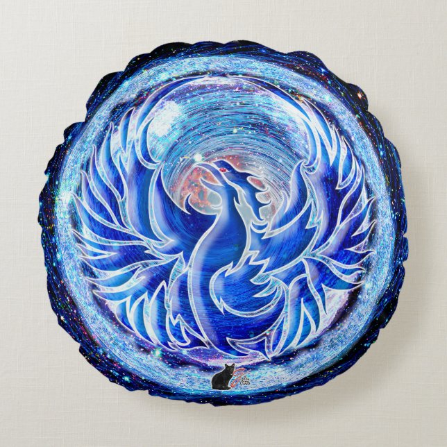 Blue Phoenix Rundes Kissen (Vorderseite)