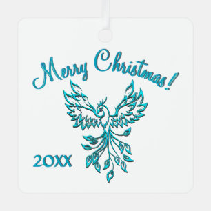 Blue Phoenix steigt auf weißem Weihnachtsjahr Ornament Aus Metall