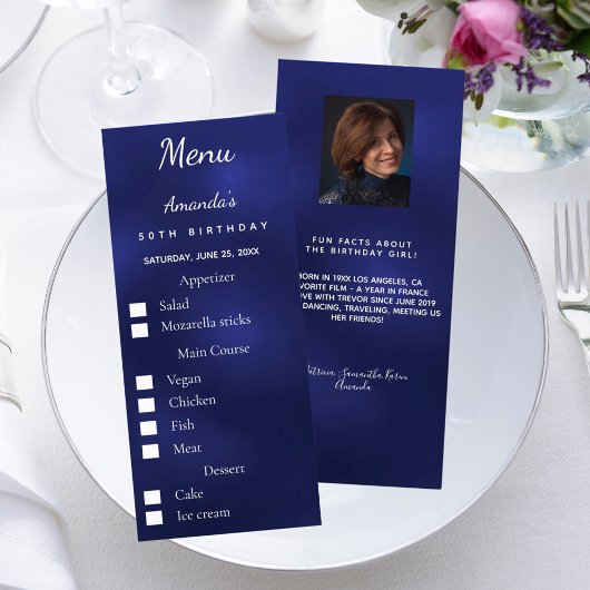 Blue photo meal options fun facts birthday menu werbekarte