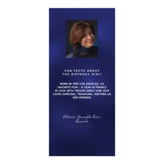 Blue photo meal options fun facts birthday menu werbekarte (Hinten)