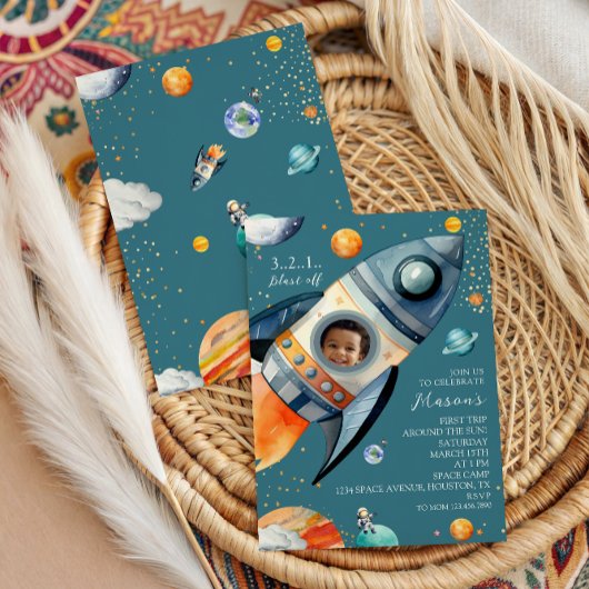 Blue Photo Rocket First Trip Around the Sun Space Einladung