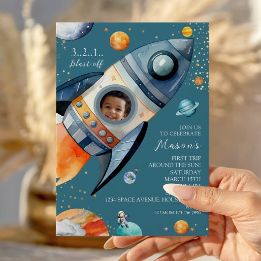 Blue Photo Rocket First Trip Around the Sun Space Einladung