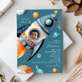 Blue Photo Rocket First Trip Around the Sun Space Einladung