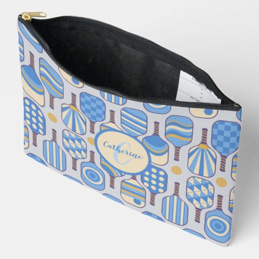 Blue Pickleball Paddle mit Monogramm Zubehörtasche (Offen)