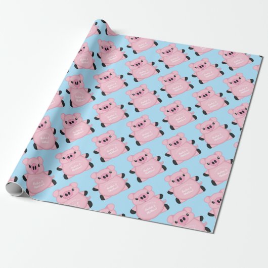 Blue Pig Baby Dusche Geschenkpapier (Ungerollt)