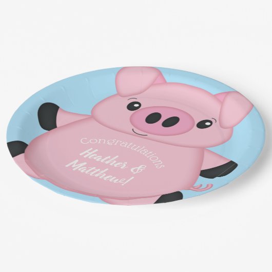 Blue Pig Baby Dusche Pappteller (Schrägansicht)