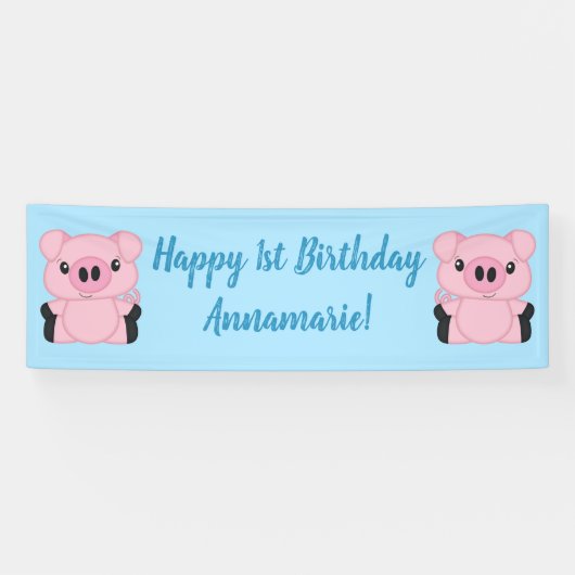 Blue Pig Birthday Party Banner (Horizontal)